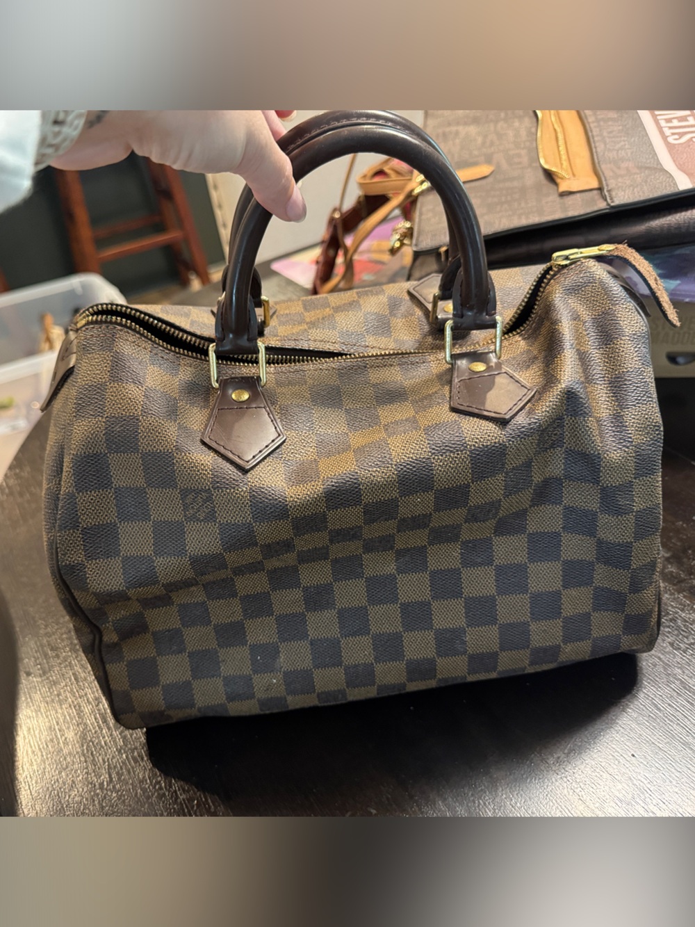 Louis Vuitton Brown Checkered Satchel with Dark Brown Handles